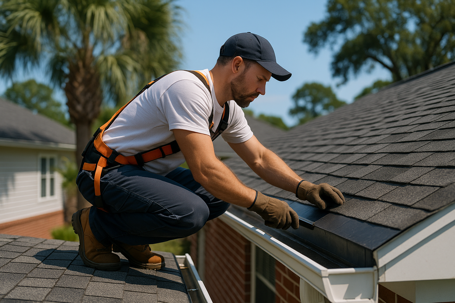 Editorial illustration depicting prevent moss algae growth roofs high humidity